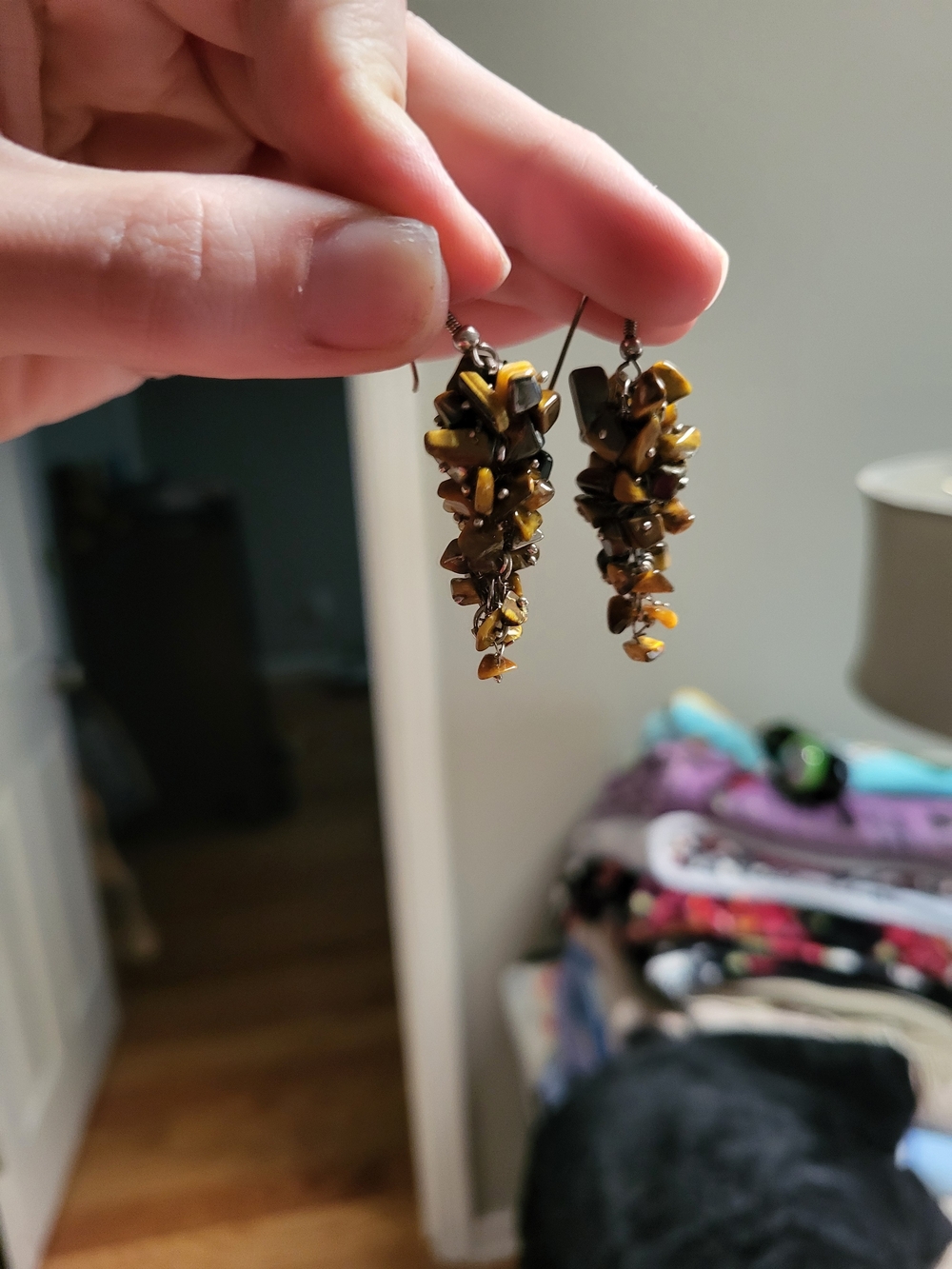Handmade Tiger's Eye Chip Drop Earrings - Brown & Gold
